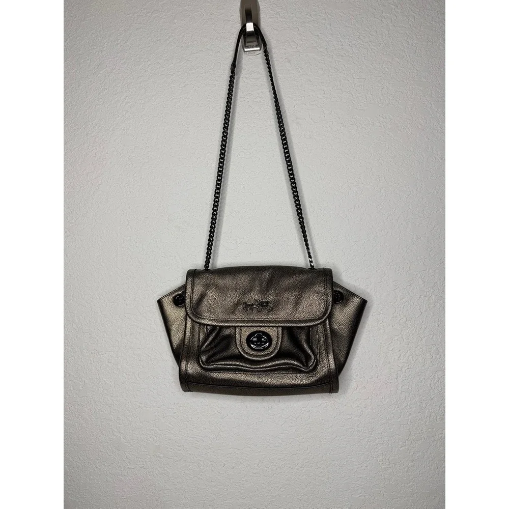 Y2K Coach Ranger Flap Metallic Black Leather Chain Crossbody Bag